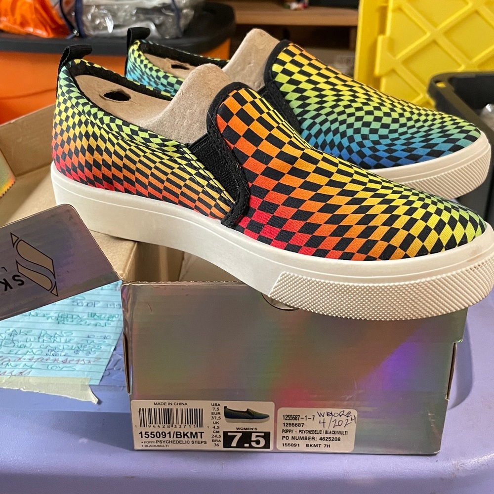 Skechers Multicolor Checkered Slip-On Sneakers. Brand new in original box.